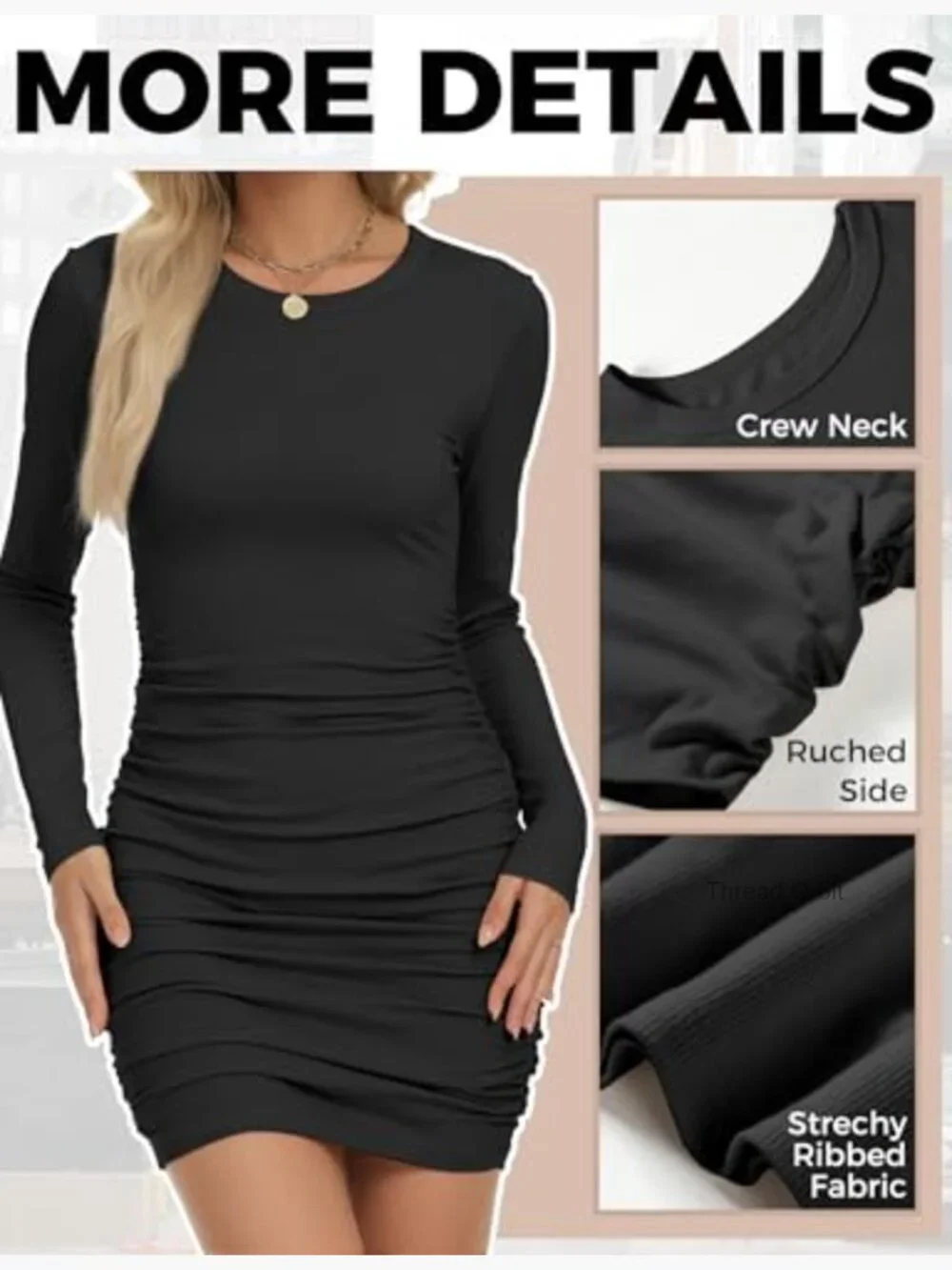 Long Sleeve Bodycon Mini Dress Ruched Sexy Casual Scoop Neck Slim Fit_4